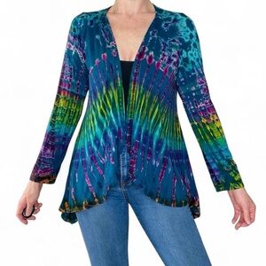 Kathmandu Imports Teal Colorful Tie Dye Hippie Open Cardigan